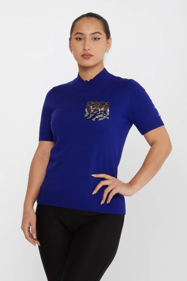 Kazee - Kadın Triko Cep Taş Detaylı Saks - 31623 | KAZEE