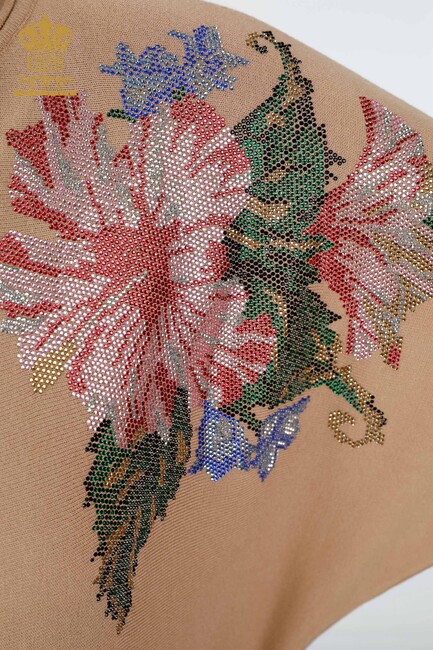 Kadın Triko Çiçek Desenli Bej - 16190 | KAZEE - Thumbnail