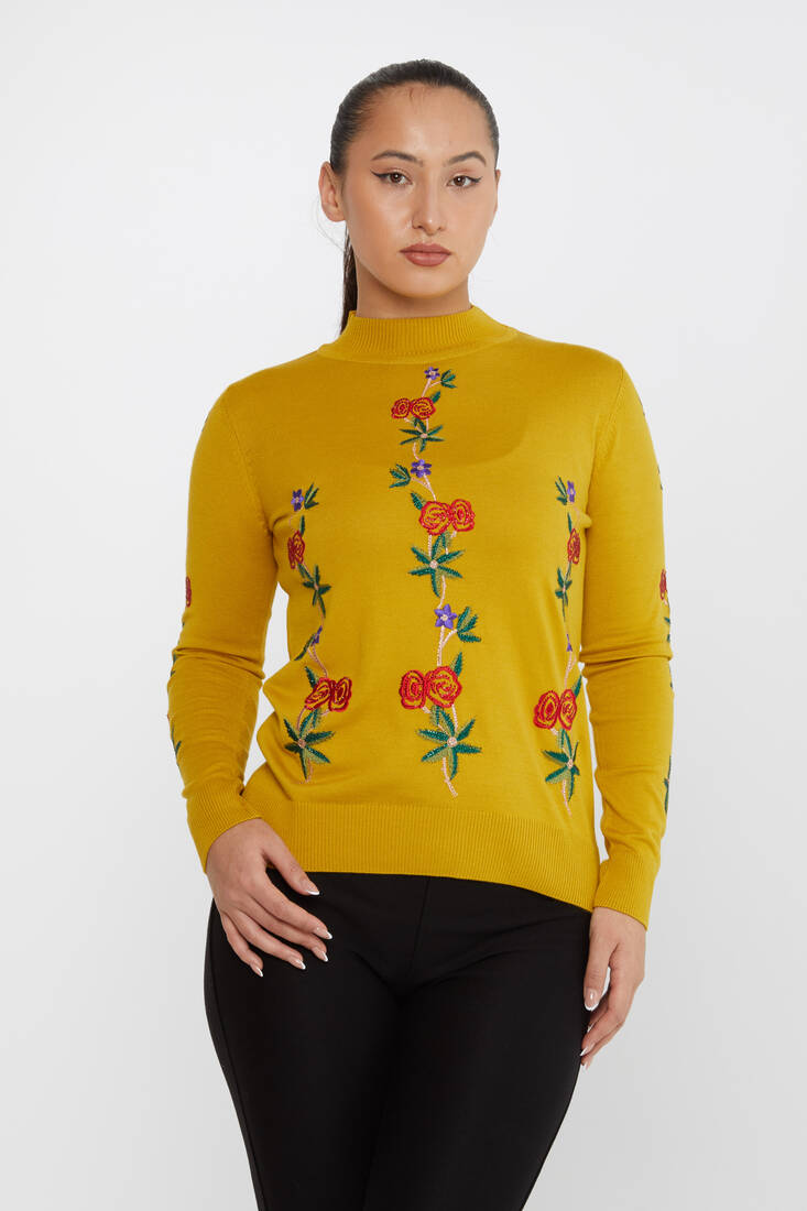 Kadın Triko Çiçek Desenli Safran - 16285 | KAZEE Kadın Triko Çiçek Desenli Safran - 16285 | KAZEE