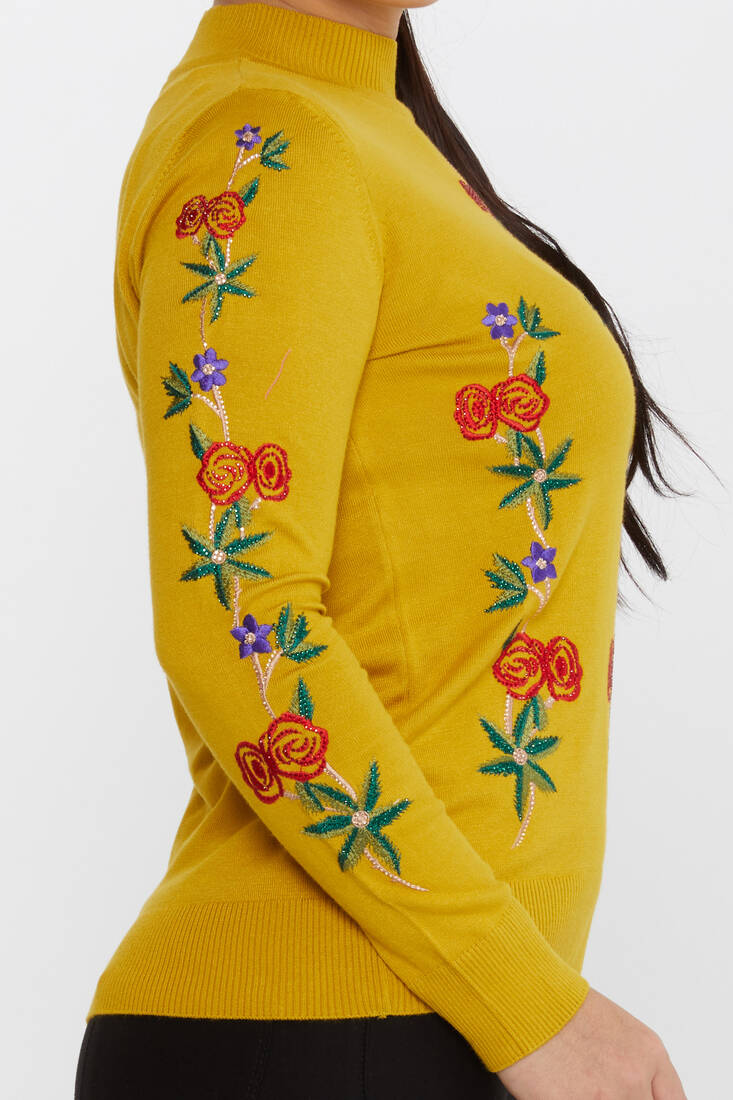 Kadın Triko Çiçek Desenli Safran - 16285 | KAZEE Kadın Triko Çiçek Desenli Safran - 16285 | KAZEE