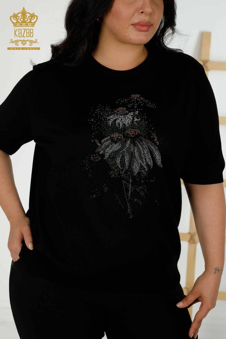 Kadın Triko Çiçek Desenli Siyah - 16963 | KAZEE Kadın Triko Çiçek Desenli Siyah - 16963 | KAZEE