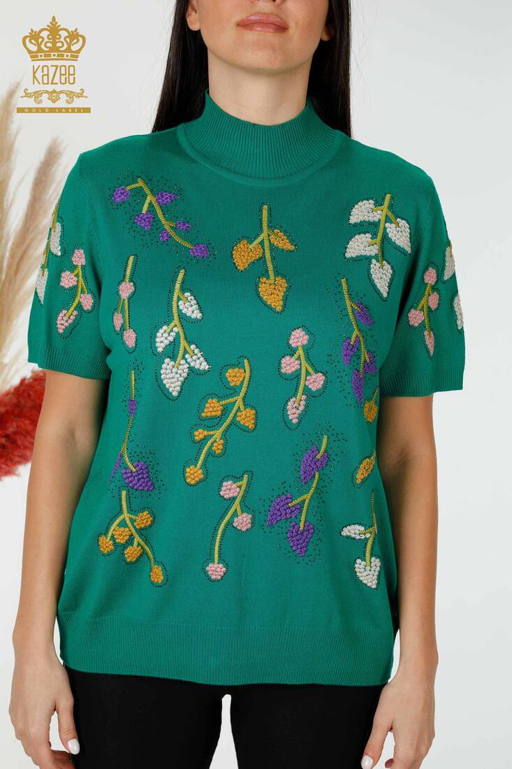 Kadın Triko Çiçek Desenli Yeşil - 16753 | KAZEE Kadın Triko Çiçek Desenli Yeşil - 16753 | KAZEE