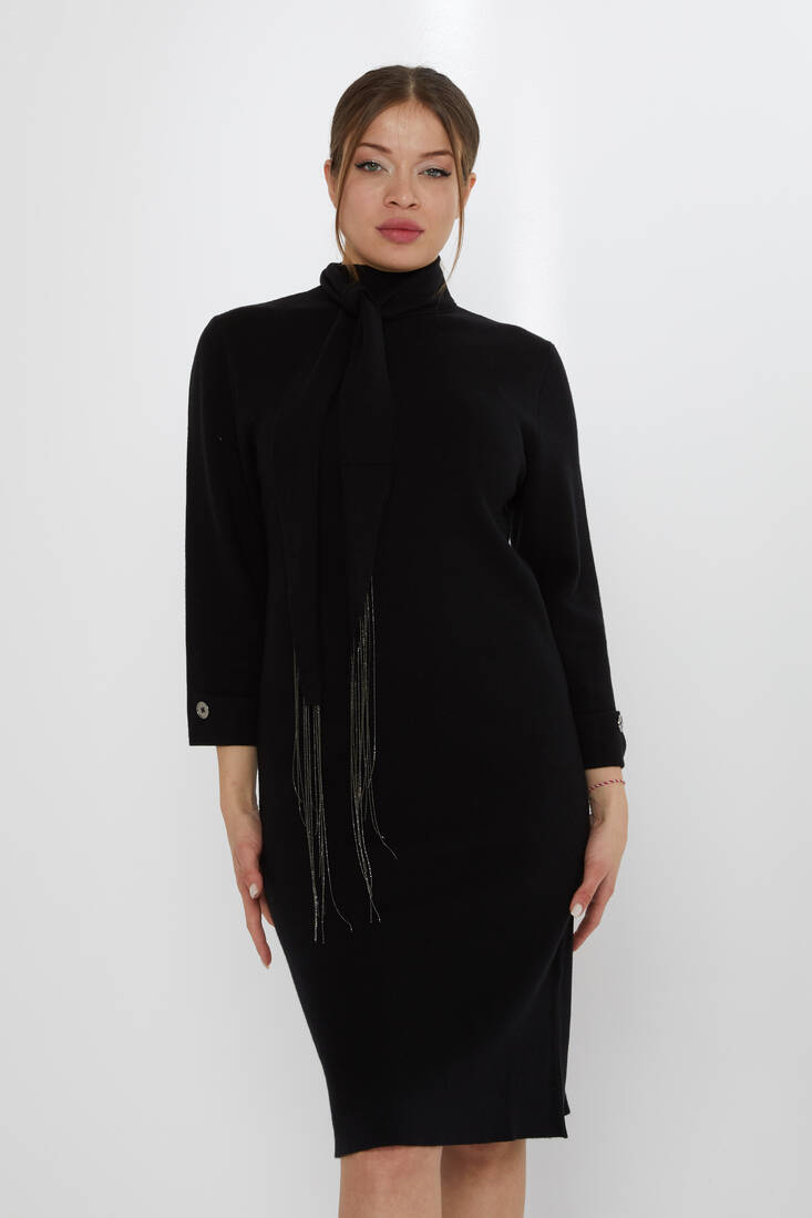 Kadın Triko Elbise Düğme Detaylı Siyah - 30968 | KAZEE Kadın Triko Elbise Düğme Detaylı Siyah - 30968 | KAZEE