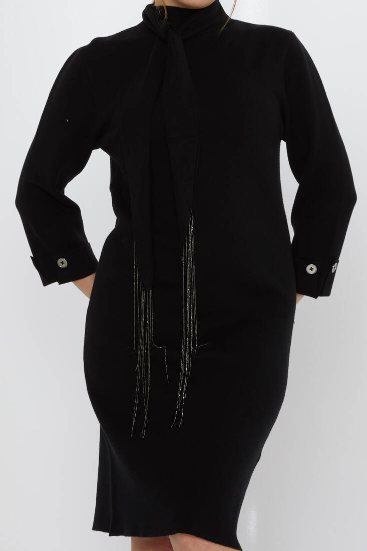 Kadın Triko Elbise Düğme Detaylı Siyah - 30968 | KAZEE Kadın Triko Elbise Düğme Detaylı Siyah - 30968 | KAZEE