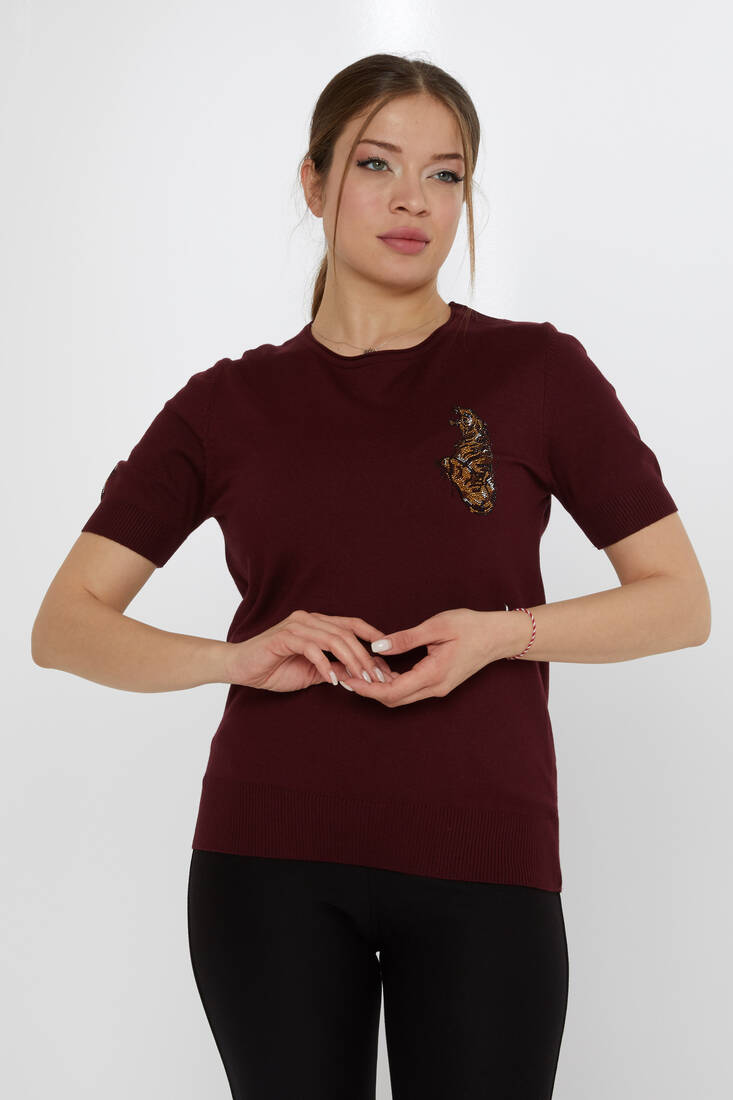 Kazee - Kadın Triko Kaplan Detaylı Mürdüm - 31596 | KAZEE