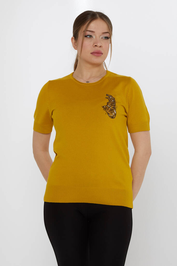 Kazee - Kadın Triko Kaplan Detaylı Safran - 31596 | KAZEE