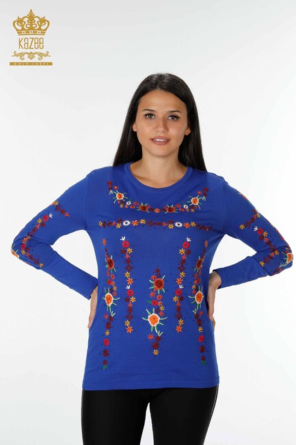 Kadın Triko Kazak Çiçek Nakışlı Saks - 13307 | KAZEE - Thumbnail