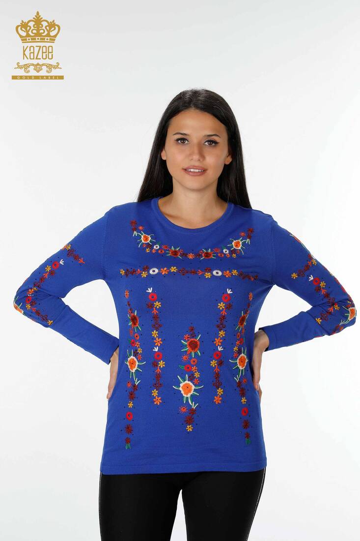 Kadın Triko Kazak Çiçek Nakışlı Saks - 13307 | KAZEE