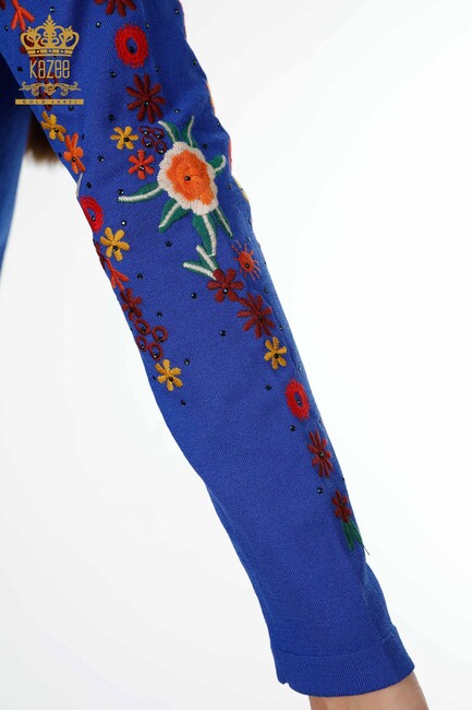 Kadın Triko Kazak Çiçek Nakışlı Saks - 13307 | KAZEE - Thumbnail