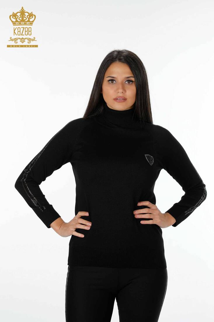 Kadın Triko Kazak Şerit Taş İşlemeli Siyah - 15062 | KAZEE