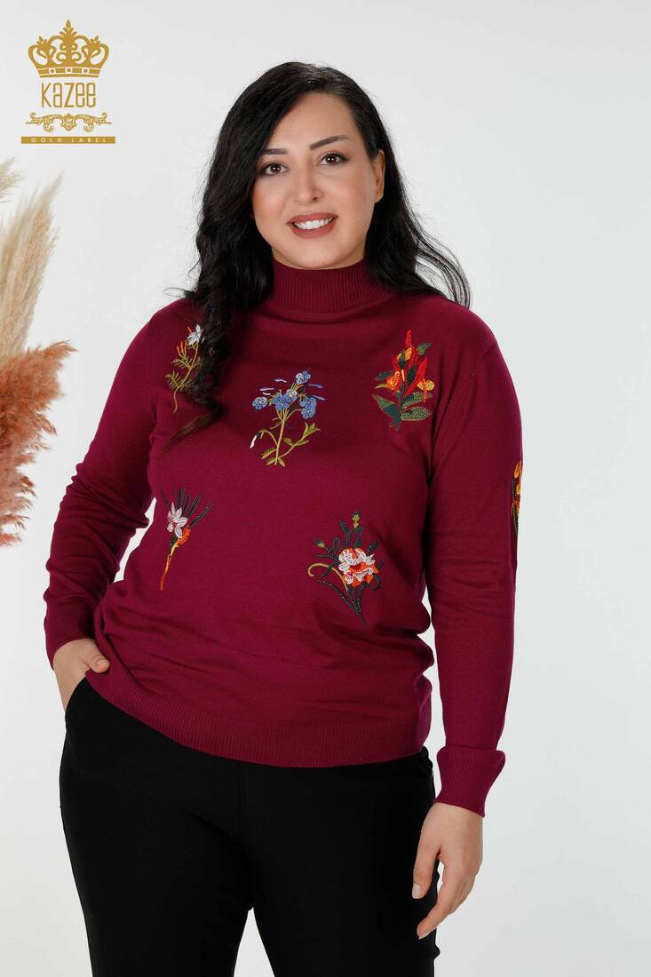Kadın Triko Kazak Taş İşlemeli Eflatun - 16852 | KAZEE Kadın Triko Kazak Taş İşlemeli Eflatun - 16852 | KAZEE