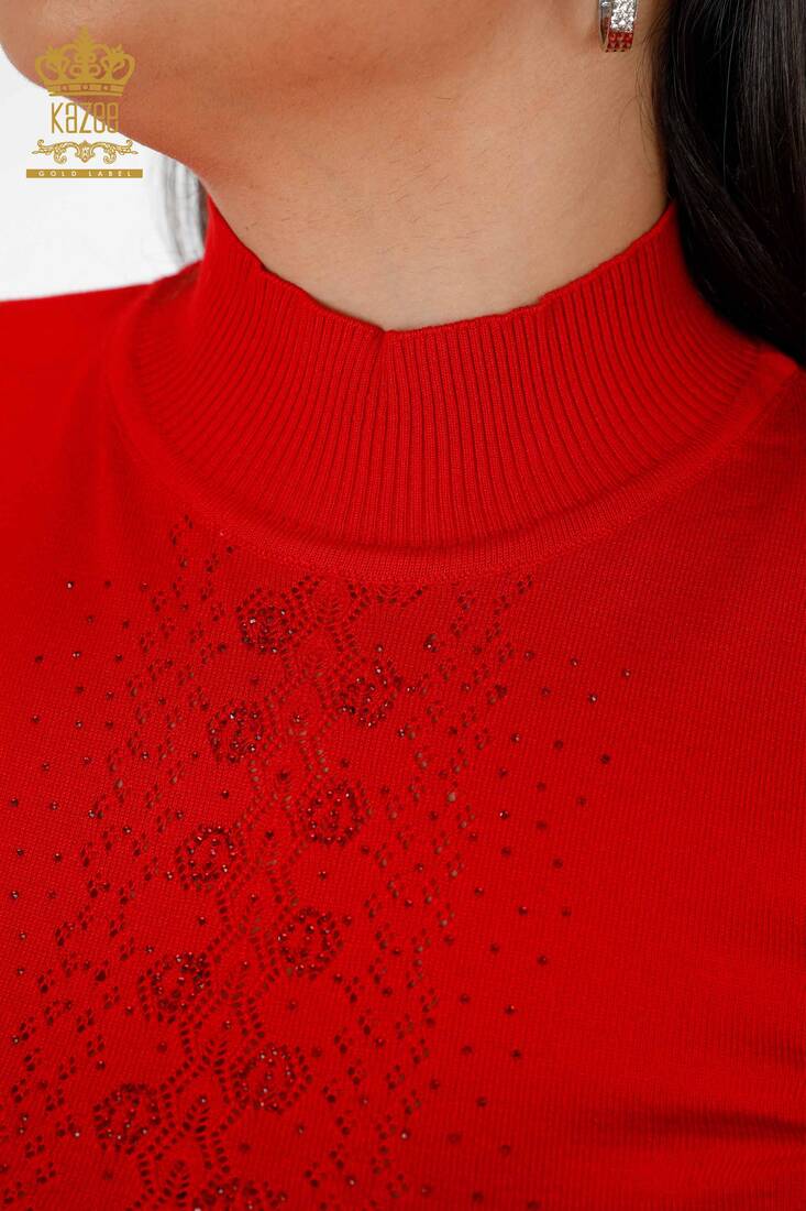 Kadın Triko Kazak Taş İşlemeli Kırmızı - 14125 | KAZEE