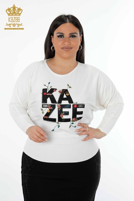 Kadın Triko Kazak Yazılı Ekru - 16466 | KAZEE - Thumbnail