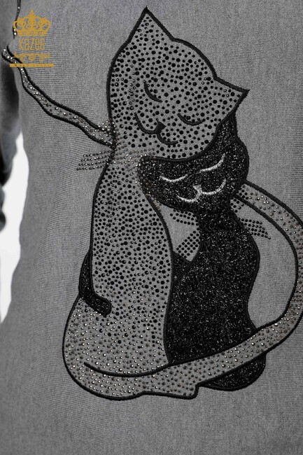 Kadın Triko Kedi Desenli Gri - 15284 | KAZEE - Thumbnail