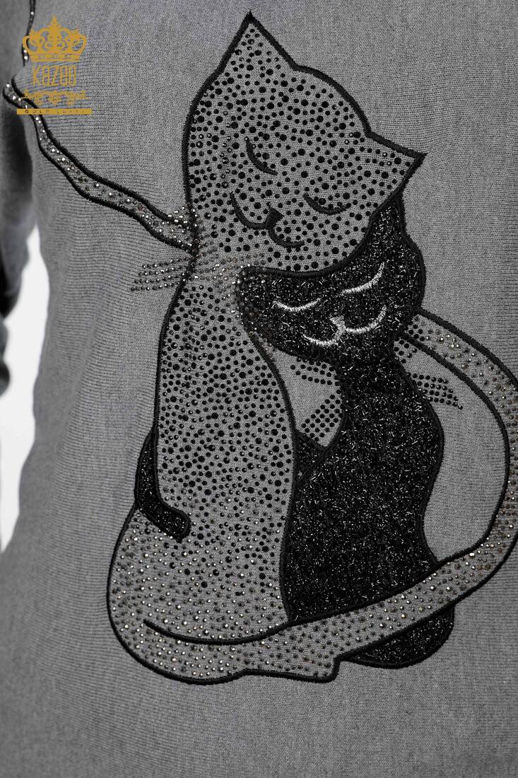 Kadın Triko Kedi Desenli Gri - 15284 | KAZEE