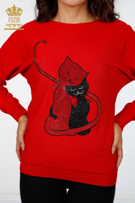 Kadın Triko Kedi Desenli Kırmızı - 15284 | KAZEE - Thumbnail
