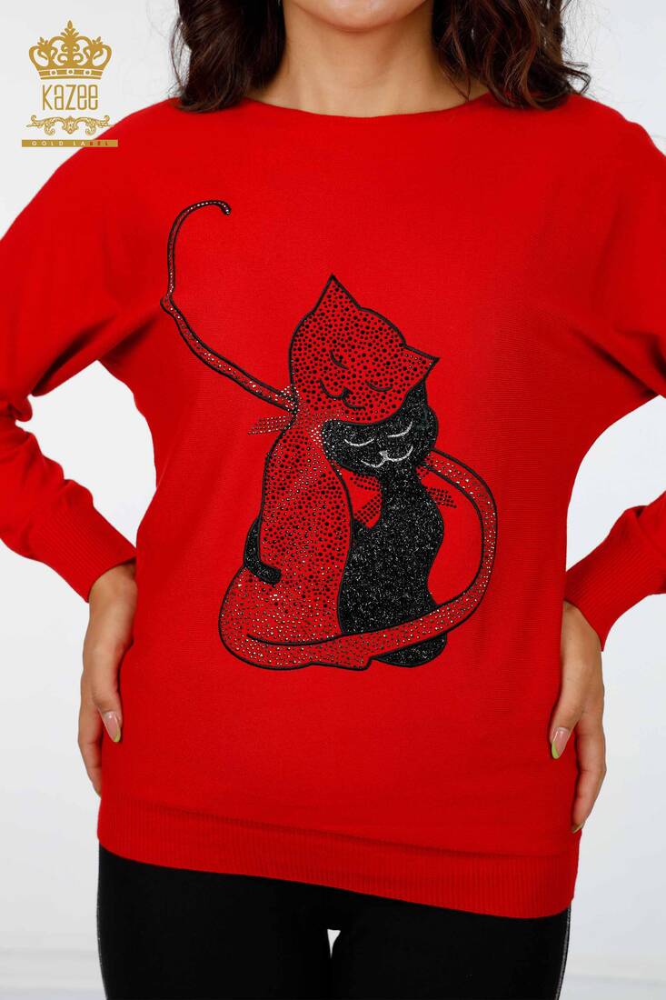 Kadın Triko Kedi Desenli Kırmızı - 15284 | KAZEE