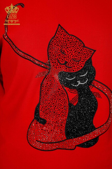 Kadın Triko Kedi Desenli Kırmızı - 15284 | KAZEE - Thumbnail