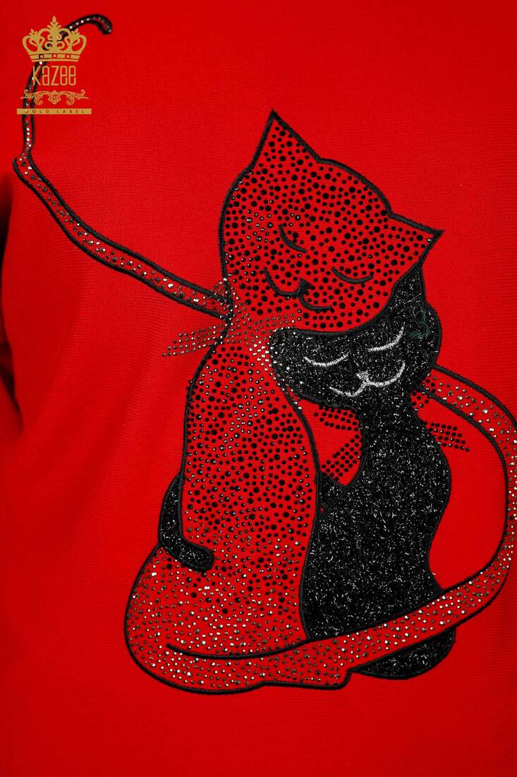 Kadın Triko Kedi Desenli Kırmızı - 15284 | KAZEE