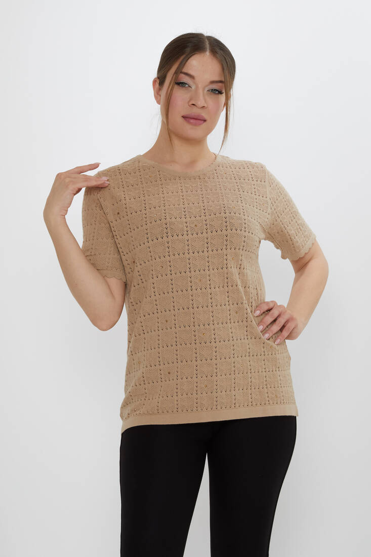Kadın Triko Kendinden Desenli Bej - 31822 | KAZEE