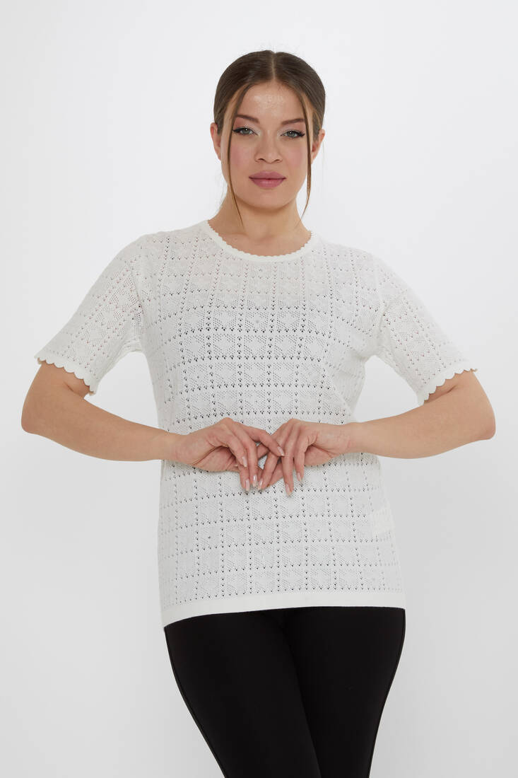 Kazee - Kadın Triko Kendinden Desenli Ekru - 31822 | KAZEE