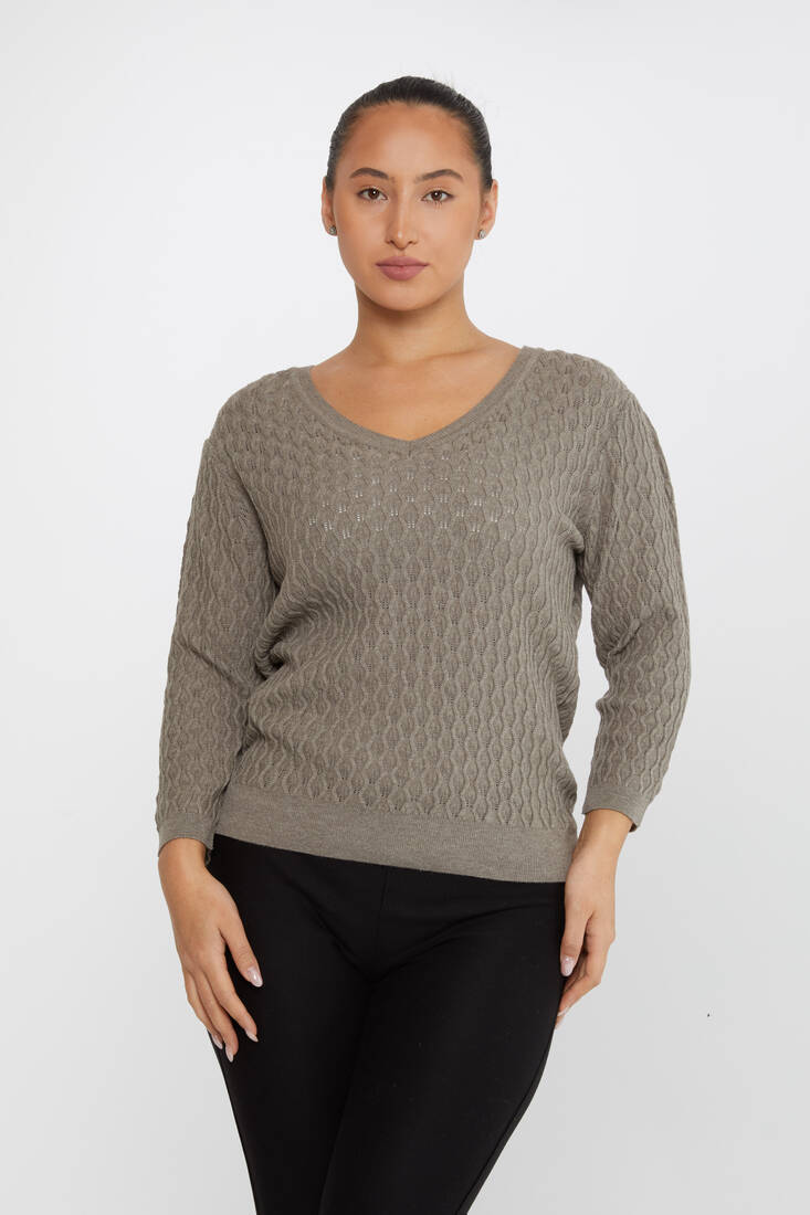 Kazee - Kadın Triko Kendinden Dokumalı Vizon - 31247 | KAZEE