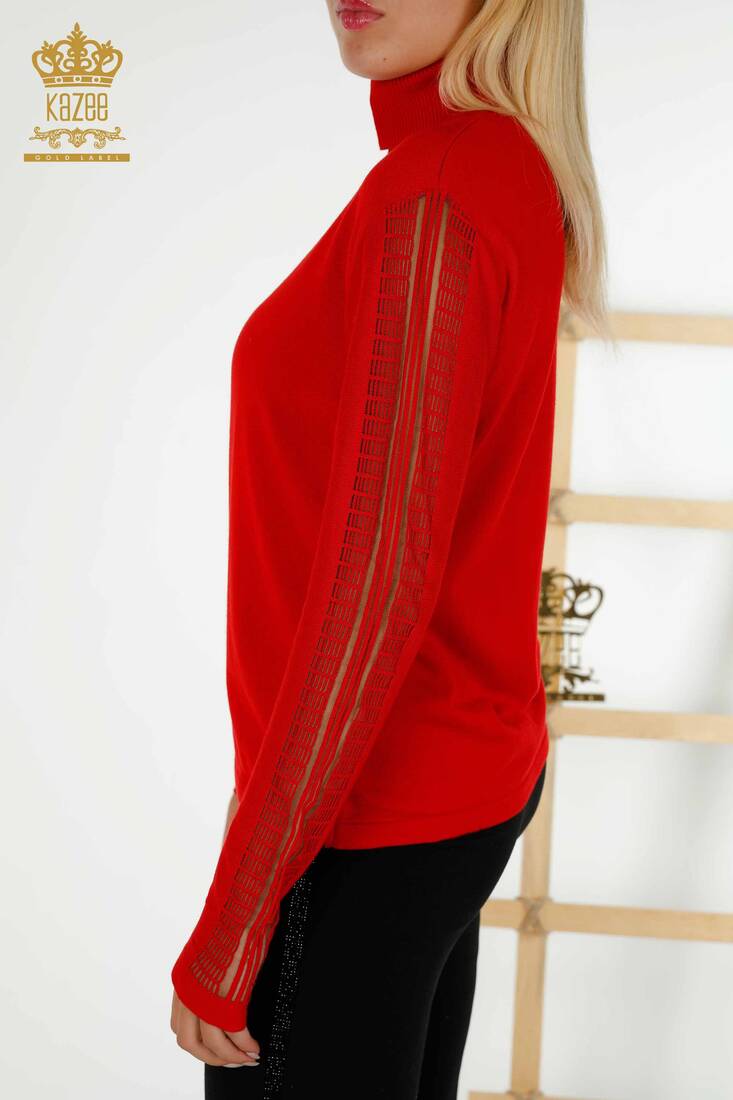 Kadın Triko Kolları Tül Detaylı Kırmızı - 15195 | KAZEE