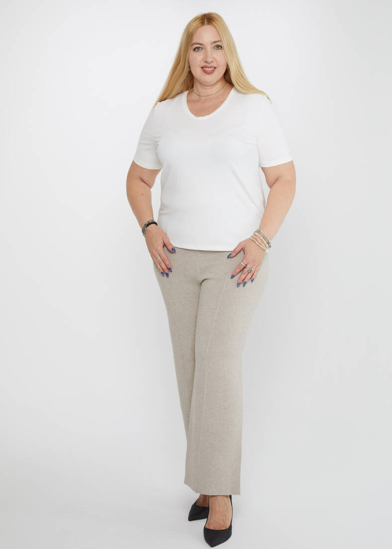 Kazee - Kadın Triko Pantolon Sim Detaylı Vizon - 31376 | KAZEE