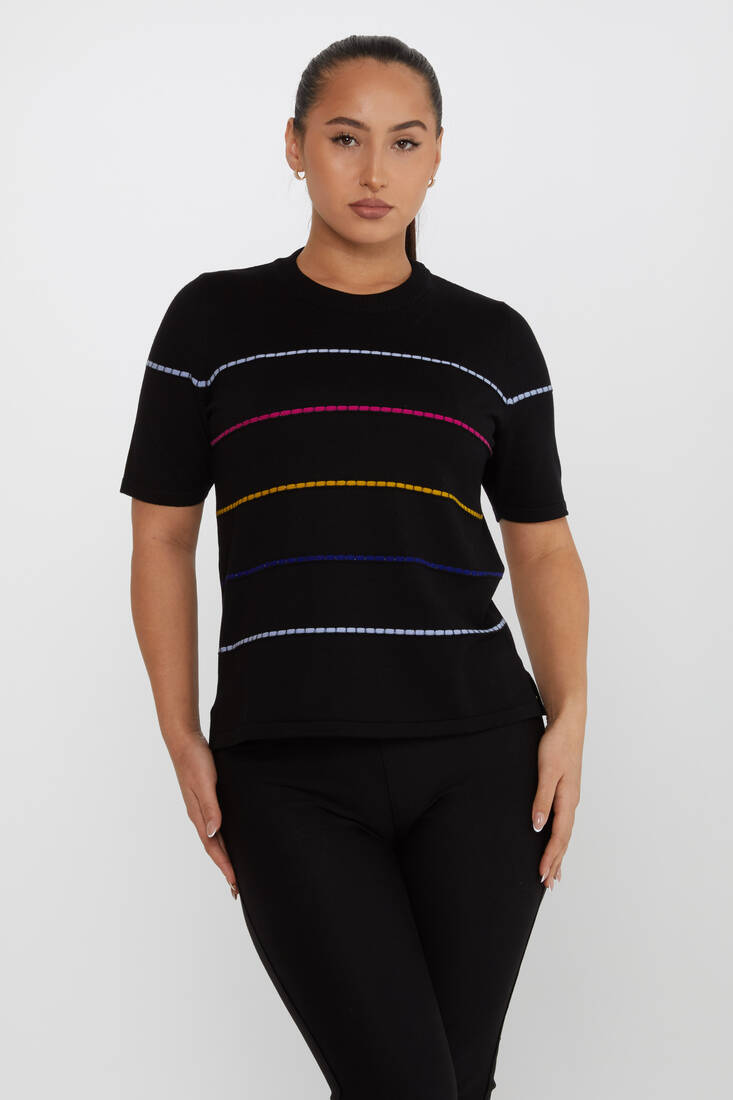 Kazee - Kadın Triko Renkli Çizgi Detaylı Siyah - 31659 | KAZEE