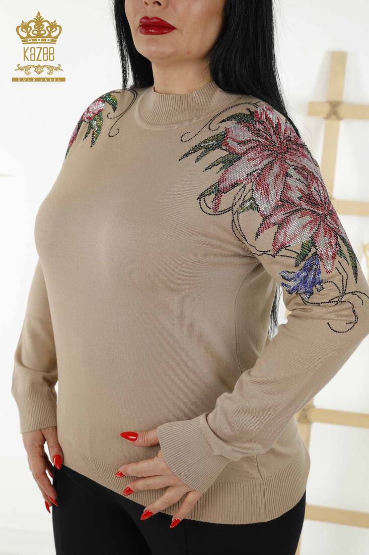 Kadın Triko Renkli Taş İşlemeli Bej - 30007 | KAZEE Kadın Triko Renkli Taş İşlemeli Bej - 30007 | KAZEE