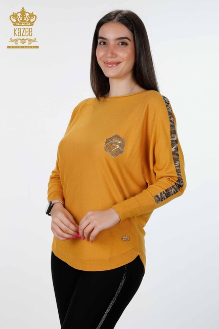 Kadın Triko Şerit Taş İşlemeli Safran - 16646 | KAZEE - Thumbnail