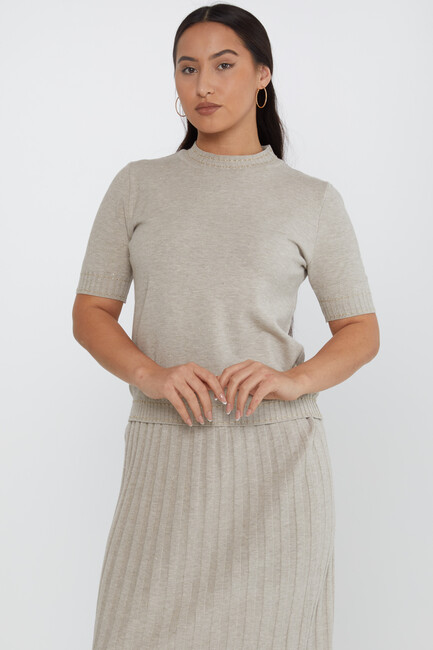 Kazee - Kadın Triko Simli Yaka Detaylı Vizon - 31626 | KAZEE Kazee - Kadın Triko Simli Yaka Detaylı Vizon - 31626 | KAZEE