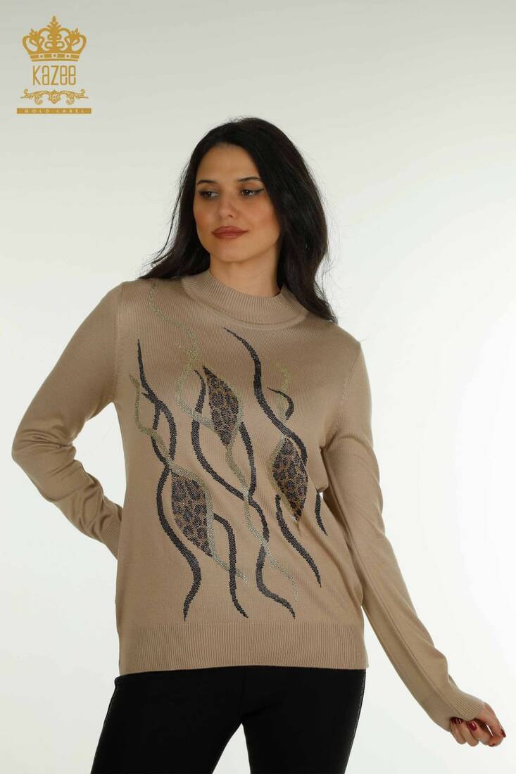 Kazee - Kadın Triko Taş Detaylı Bej - 30096 | KAZEE