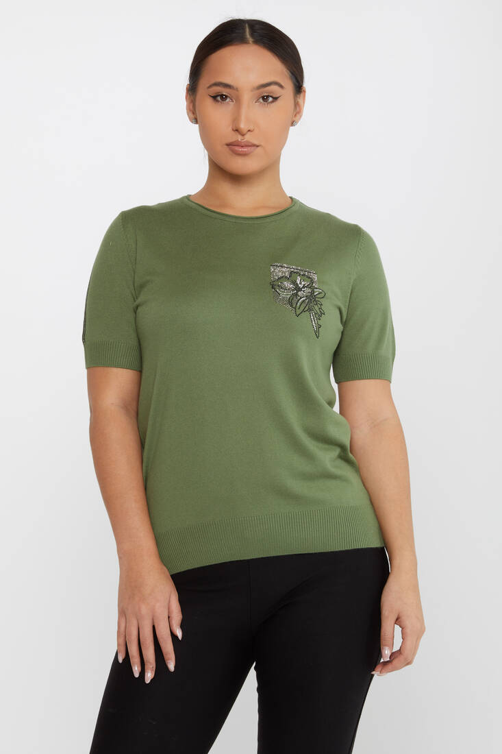 Kazee - Kadın Triko Taş Detaylı Haki - 31594 | KAZEE