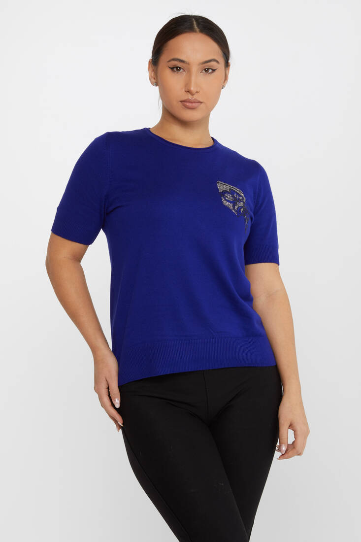 Kazee - Kadın Triko Taş Detaylı Saks - 31594 | KAZEE