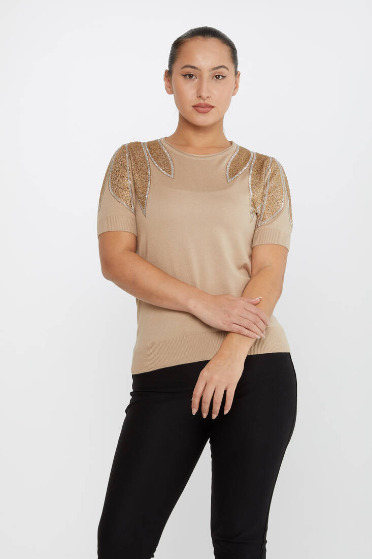 Kazee - Kadın Triko Taş Detaylı Vizon - 30792 | KAZEE