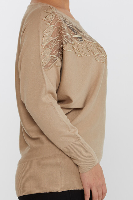 Kadın Triko Taşlı Nakışlı Bej - 16942 | KAZEE - Thumbnail