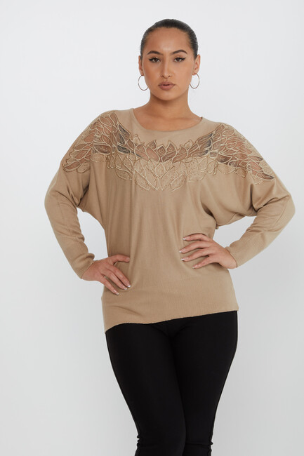 Kadın Triko Taşlı Nakışlı Bej - 16942 | KAZEE - Thumbnail