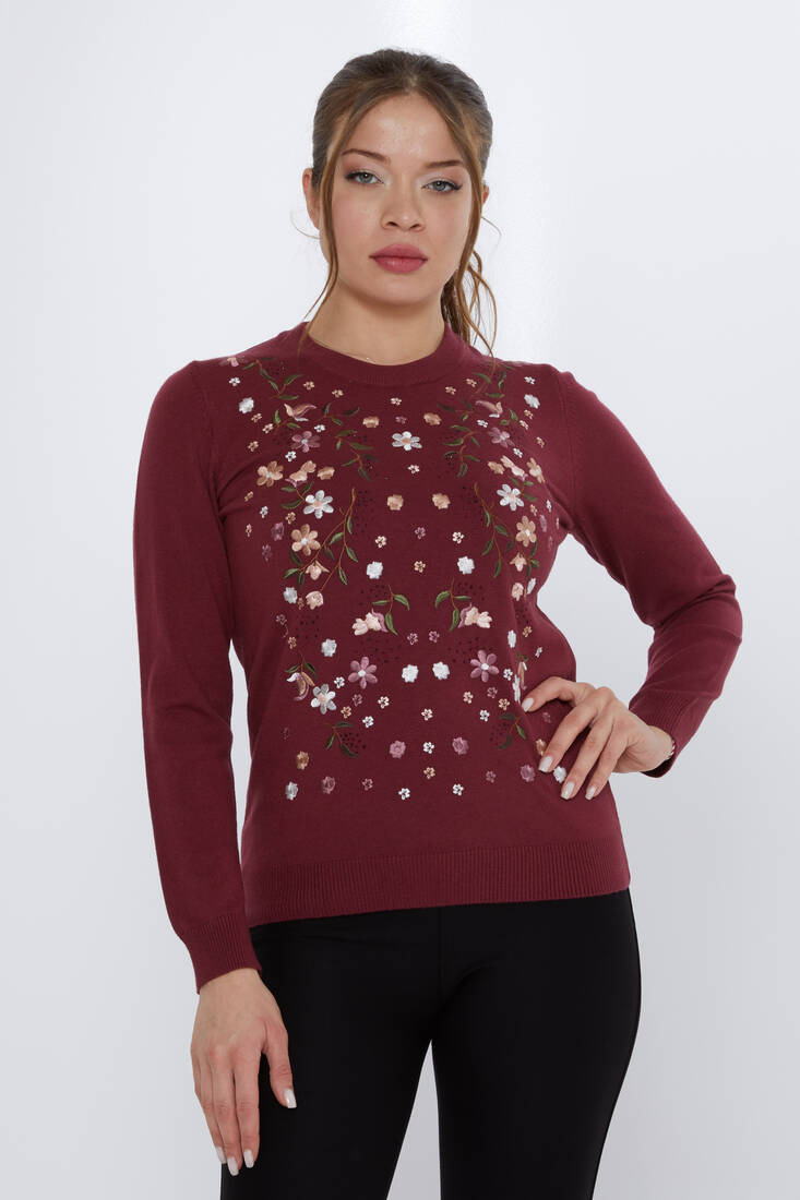 Kazee - Kadın Triko Taşlı Nakışlı Bordo - 31122 | KAZEE