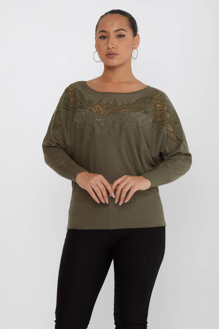 Kazee - Kadın Triko Taşlı Nakışlı Haki - 16942 | KAZEE Kazee - Kadın Triko Taşlı Nakışlı Haki - 16942 | KAZEE