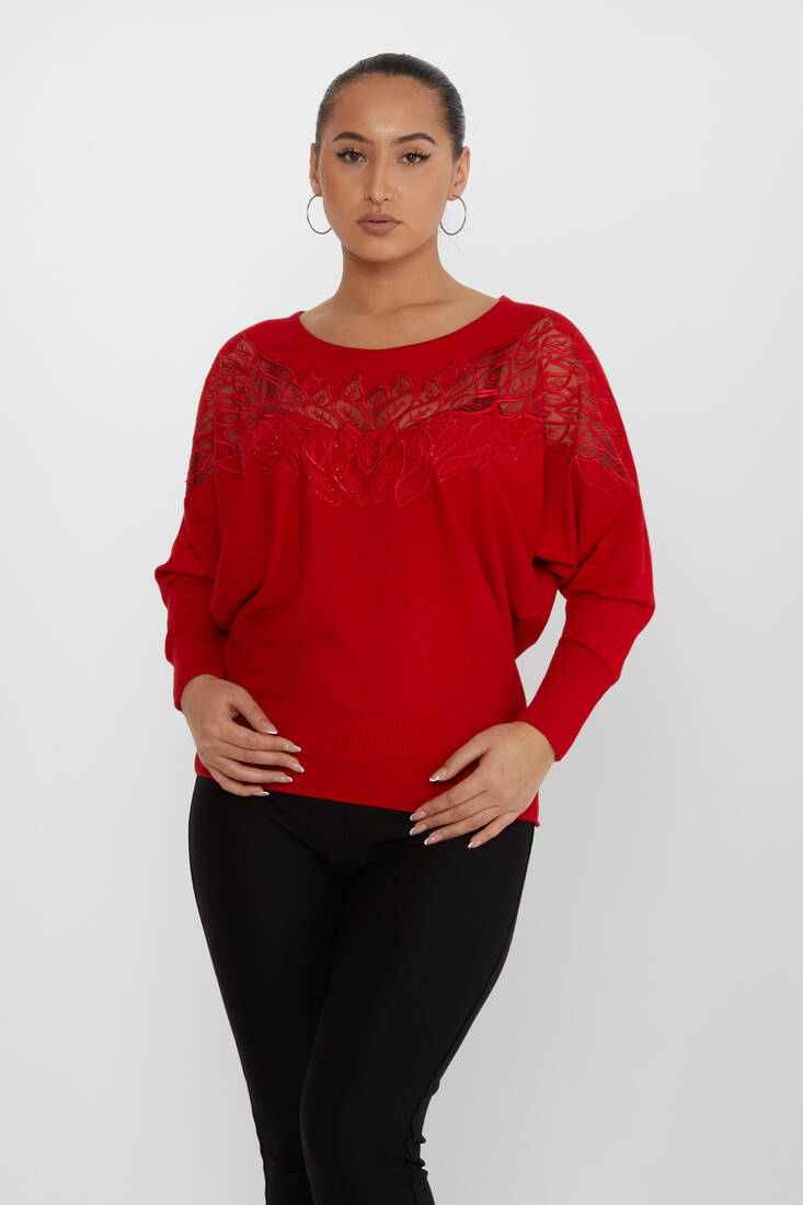 Kazee - Kadın Triko Taşlı Nakışlı Kırmızı - 16942 | KAZEE Kazee - Kadın Triko Taşlı Nakışlı Kırmızı - 16942 | KAZEE