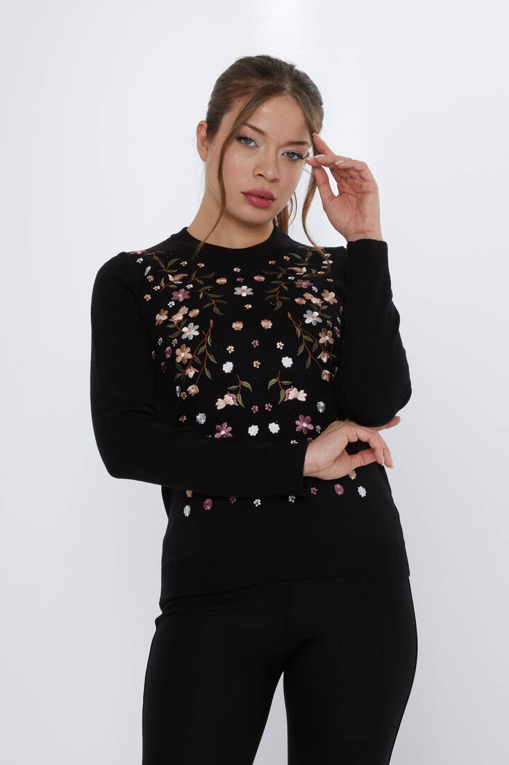 Kazee - Kadın Triko Taşlı Nakışlı Siyah - 31122 | KAZEE