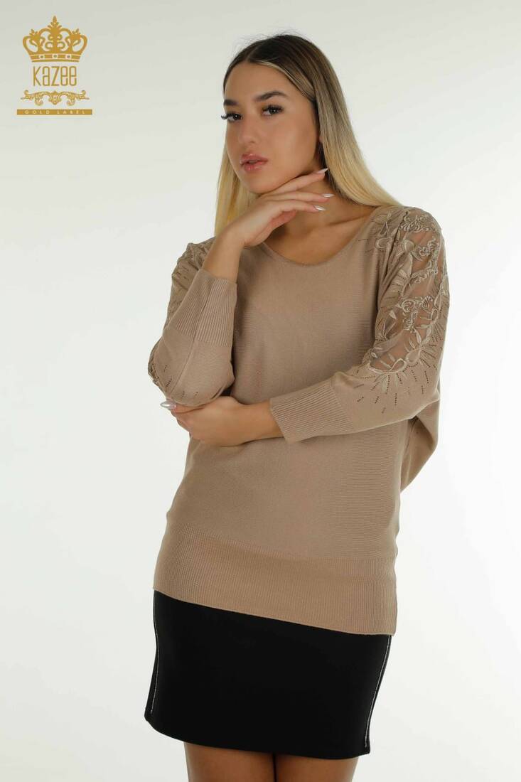 Kadın Triko Tül Detay Bej - 15699 | KAZEE Kadın Triko Tül Detay Bej - 15699 | KAZEE