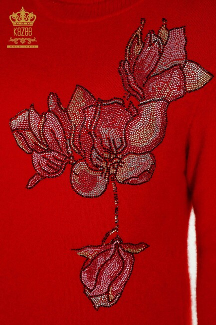 Kadın Triko Tunik Çiçek Desenli Kırmızı - 18887 | KAZEE - Thumbnail