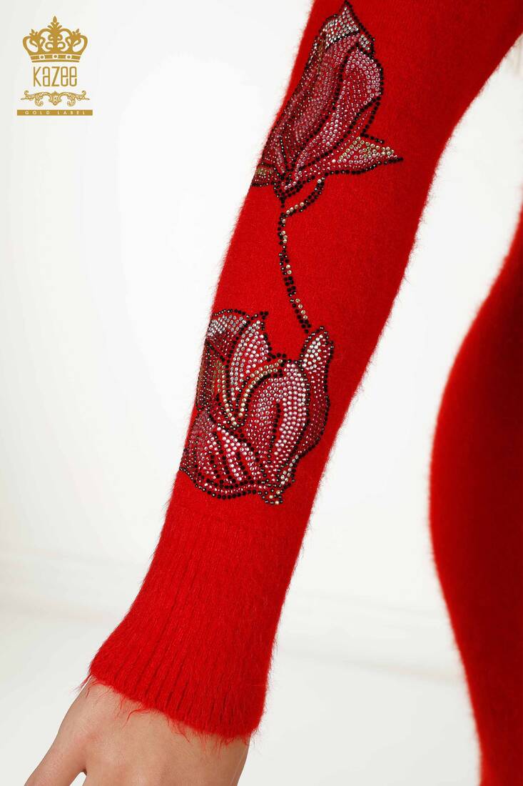 Kadın Triko Tunik Çiçek Desenli Kırmızı - 18887 | KAZEE
