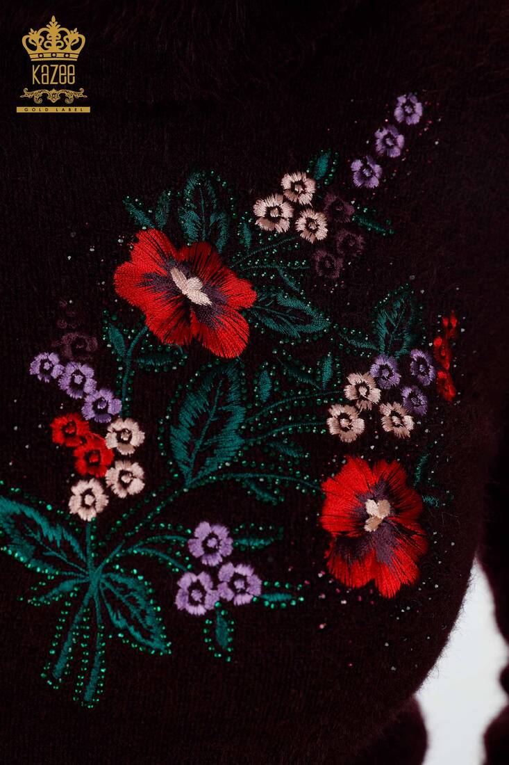 Kadın Triko Tunik Çiçek Desenli Mürdüm - 18870 | KAZEE