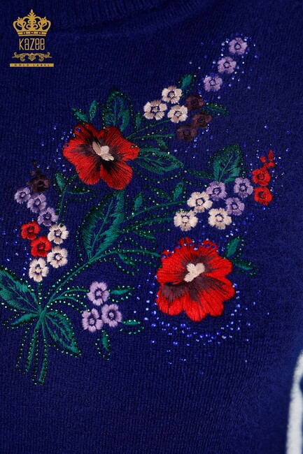 Kadın Triko Tunik Çiçek Desenli Saks - 18870 | KAZEE - Thumbnail