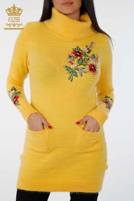 Kadın Triko Tunik Çiçek Desenli Sarı - 18870 | KAZEE - Thumbnail