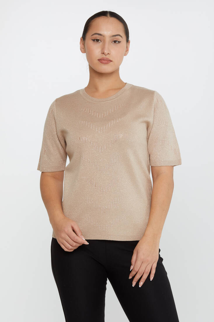 Kadın Triko Uzun Kollu Taş Detaylı Bej - 31608 | KAZEE Kadın Triko Uzun Kollu Taş Detaylı Bej - 31608 | KAZEE