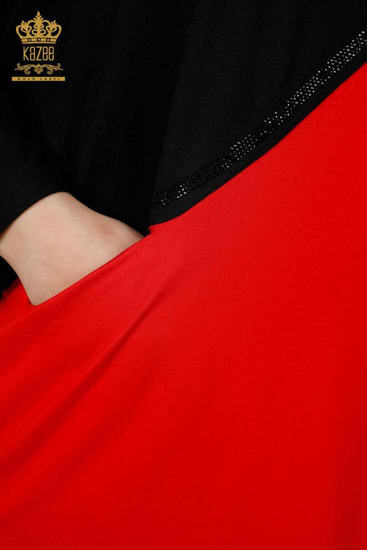 Kadın Tunik Cepli Siyah-Kırmızı - 77732 | KAZEE